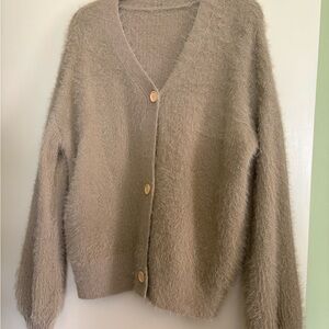 Taupe Fuzzy V-Neck Button Cardigan Sweater - Women